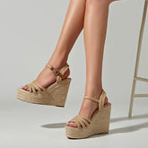 Schicke Espadrilles mit offenem Zehenbereich und Keilabsatz und Fesselriemen - Beige